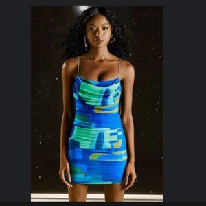 Oh Polly COWL NECK RUCHED MINI DRESS IN BLUE PRINT